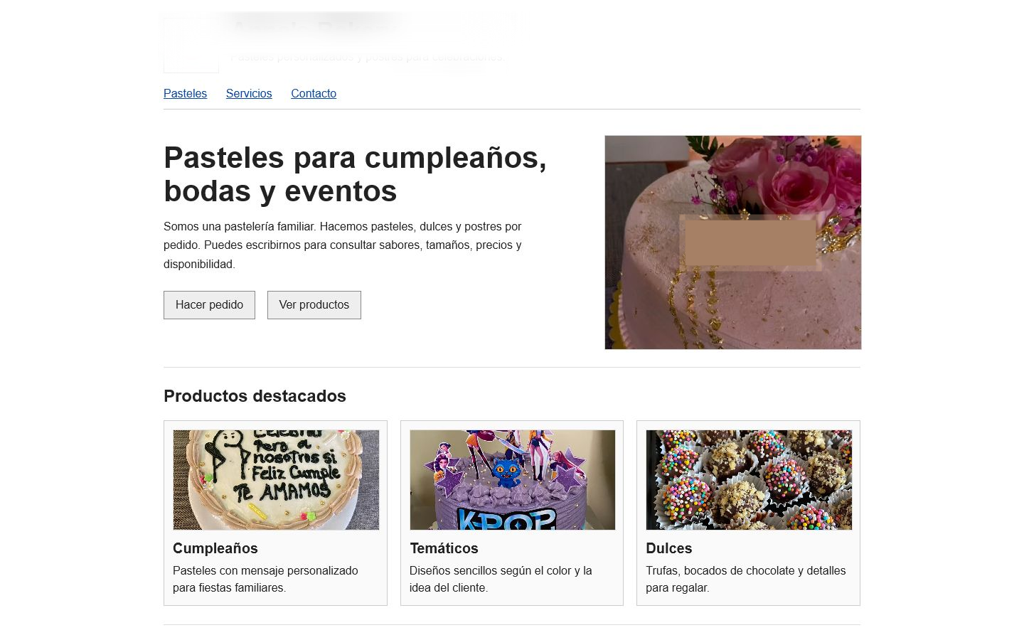 Página principal anterior de una pastelería local